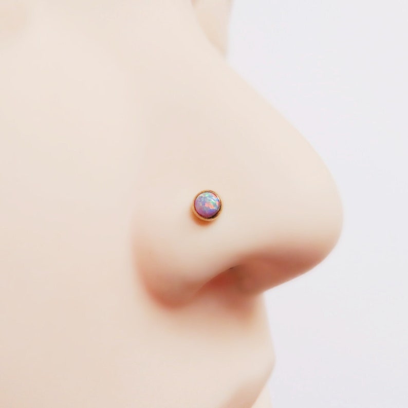 purple opal nose stud 14k gold filled, small L shape gemstone nose stud in gold filled, 6mm long minimalist nose stud with purple opal image 1