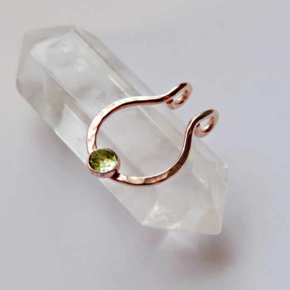fake septum ring in rose gold with a peridot stone, faux nose hoop, no piercing required septum jewelry in snug fitting or loose fitting