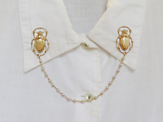 scarab collar pins with pearl chain, insect collar pins for collared shirts or sweaters, lapel pins, beetle sweater guard, collar chains