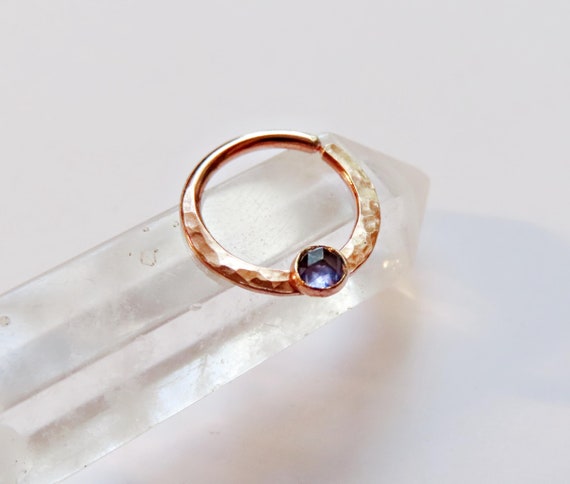 iolite septum ring in rose gold filled, gemstone septum hoop, hammered septum jewelry, nose ring hoop, septum piercing, gold nose jewelry