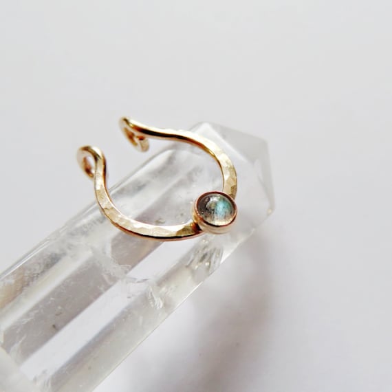 faux septum ring in gold filled with labradorite stone, adjustable fake nose hoop, no piercing needed clip on septum ring, snug or loose