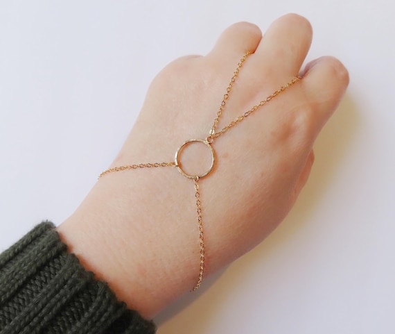 gold filled hand chain bracelet with hammered circle, chain ring with adjustable clasp, dainty chain ring connected to bracelet