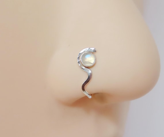 moonstone nose cuff in sterling silver, fake nose ring, hammered faux nose hoop no piercing required, clip on snake nose ring with moonstone