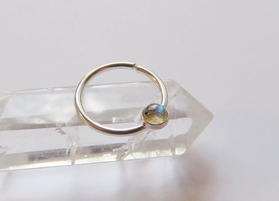 sterling silver septum ring with labradorite, simple septum hoop, septum piercing in 16 gauge, 18 gauge, 20 gauge, septum diameter 8mm, 9m