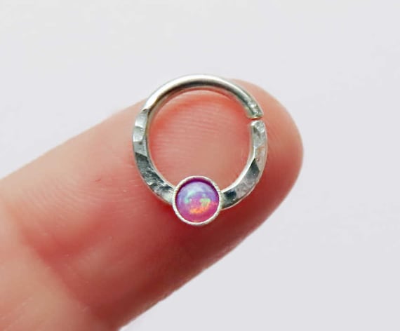 purple opal septum ring, sterling silver septum ring, hammered septum ring, opal nose ring, opal septum ring, small septum ring