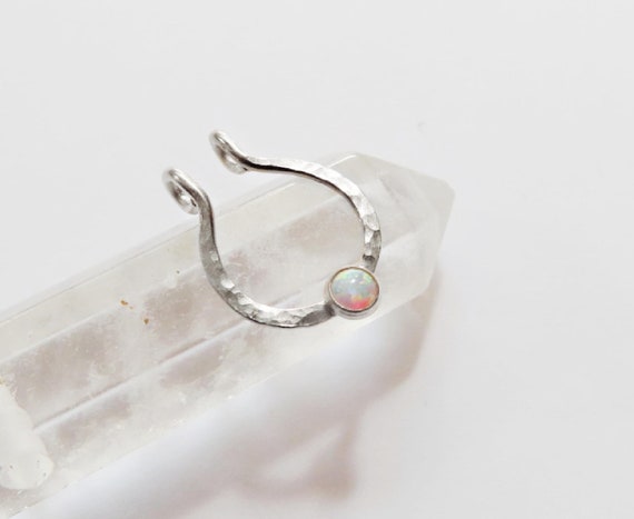 opal fake septum ring in sterling silver, white opal faux nose hoop, no piercing required clip on septum jewelry, snug fitting nose cuff