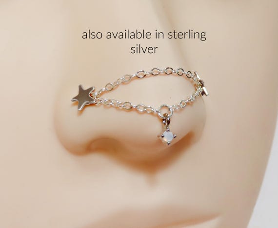Gold Filled Nose Chain With Opal, 14k Gold Filled Nose Chain for