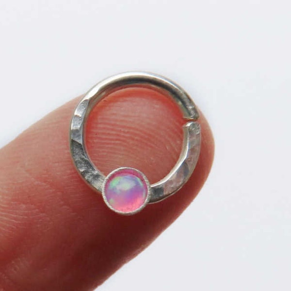 pink opal septum ring, sterling silver septum ring, hammered septum ring, opal nose ring, opal septum ring, small septum ring