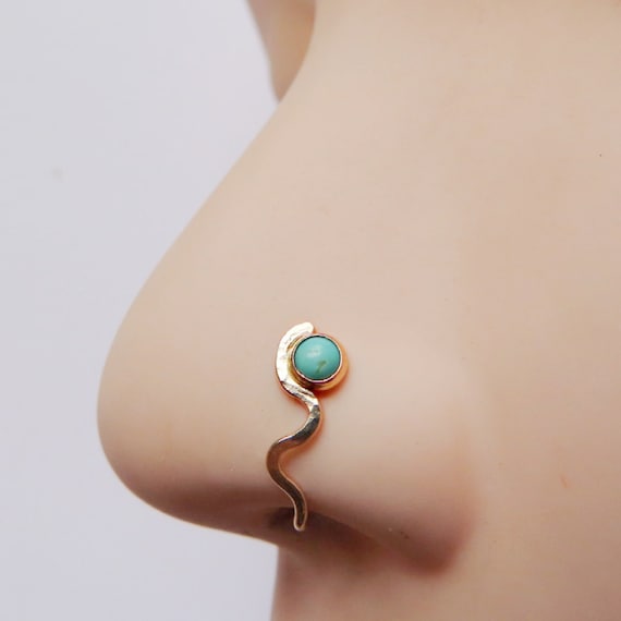 gold nose cuff with turquoise stone, fake nose ring with gemstone, no piercing needed clip on nose jewelry, adjustable, gift for girlfriend