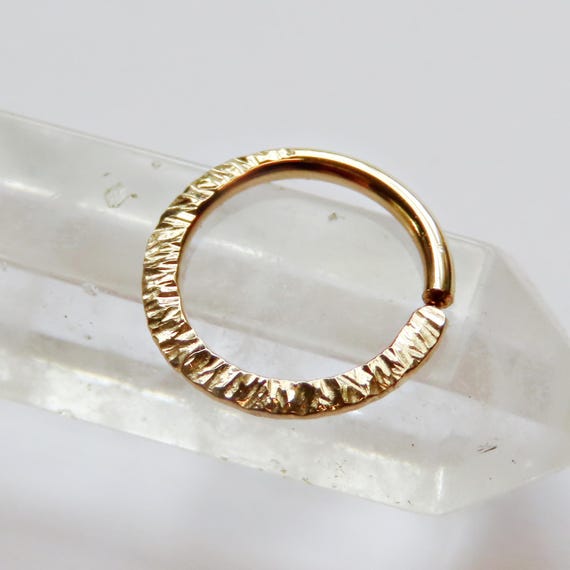 Septum piercing with in gold filled with hammered texture, Septum ring available in 20 gauge, 18 gauge, or 16 gauge, choose your diameter