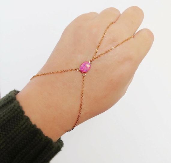 pink opal hand chain in gold filled with adjustable hook clasp, bracelet ring made with dainty chain, body jewelry for hand
