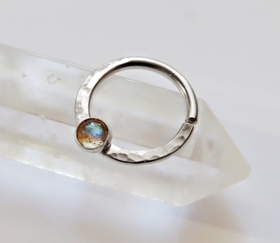 silver daith earring with labradorite, hammered daith ring, available in 22 gauge, 20 gauge, 18 gauge, 16 gauge, 8mm, 9mm, 10mm diameter