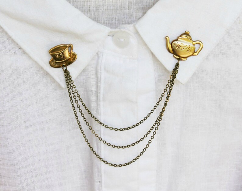 Brass Teapot and Teacup Collar Chain Pins image 2