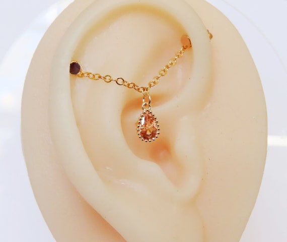 industrial piercing chain in gold filled with peach CZ stone, helix ring chain attachment, chain earring jacket with peach cubic zirconia