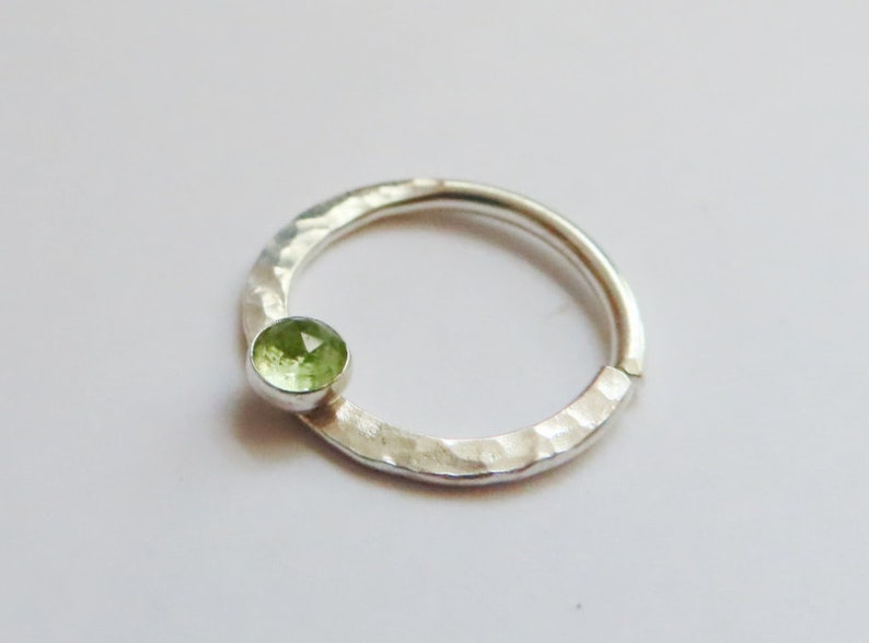 peridot septum ring, sterling silver septum ring, hammered septum ring, stone nose ring, gemstone septum ring, small septum ring, 18 gauge image 2