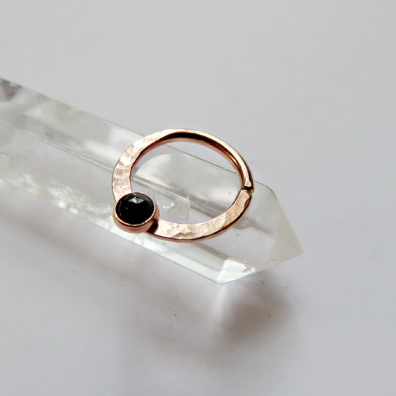 onyx septum ring 14k rose gold filled, black stone hammered septum, 8mm, 9mm, 10mm diameter, 20 gauge, 18 gauge, 16 gauge gothic septum hoop