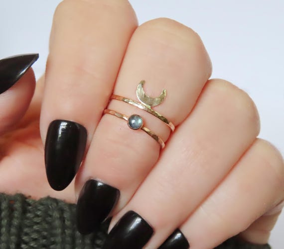 Gold filled knuckle rings with moon and labradorite, hammered stackable midi rings, single ring or ring set choose sizes 1-5