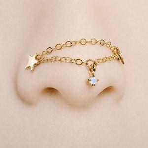 Gold double nose chain with opal, 14k gold filled nose chain for double piercing, custom measurement nose chain, nose ring connector