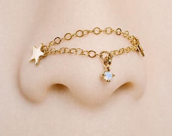 Gold double nose chain with opal, 14k gold filled nose chain for double piercing, custom measurement nose chain, nose ring connector