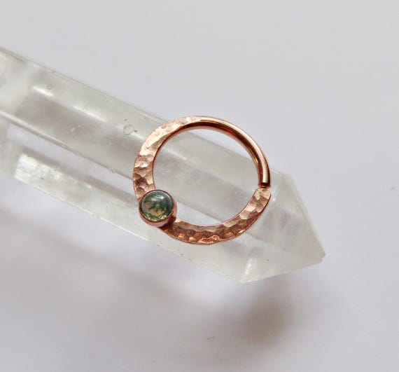 Moss agate septum ring in rose gold filled, seamless septum piercing available in 20 gauge, 18 gauge, and 16 gauge, hammered septum jewelry