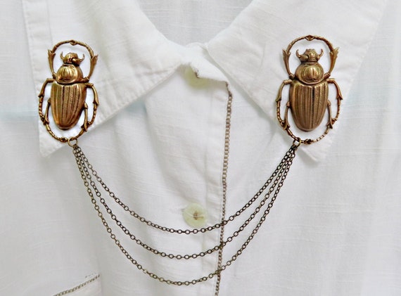 scarab collar pins antique brass, collar chain, collar brooch, lapel pin, scarab pin, scarab brooch, Egyptian jewelry, scarab accessory