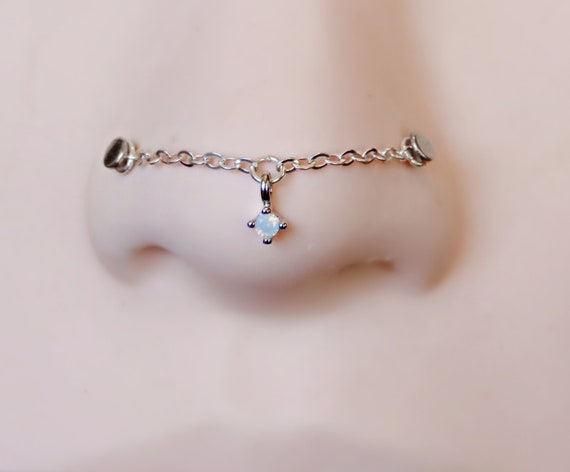 silver nose chain with opal, sterling silver nose chain for double piercing, custom measurement nose chain, nose ring connector