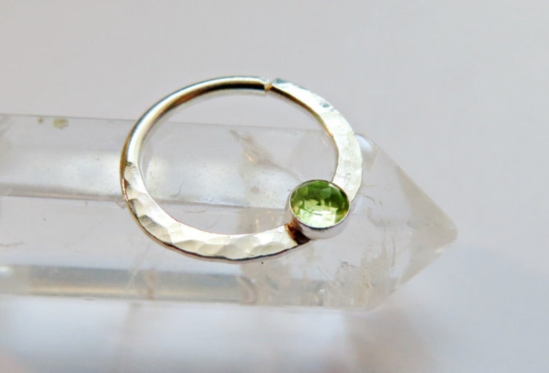 peridot septum ring, sterling silver septum ring, hammered septum ring, stone nose ring, gemstone septum ring, small septum ring, 18 gauge image 1