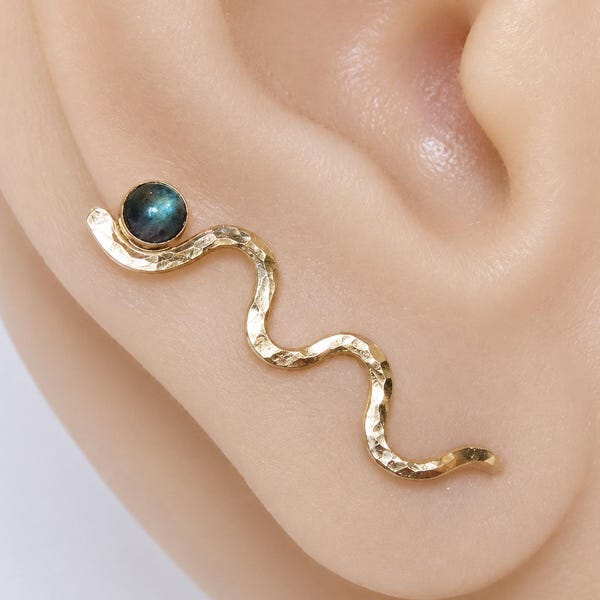 Labradorite ear climber earrings in gold filled, wavy hammered ear crawlers single or pair also available in sterling silver