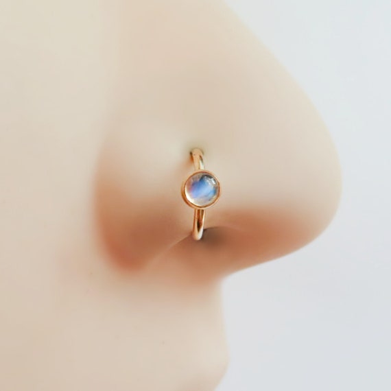 fake nose ring in gold filled with moonstone, no piercing required nose hoop, faux nose hoop, adjustable clip on available in snug or loose