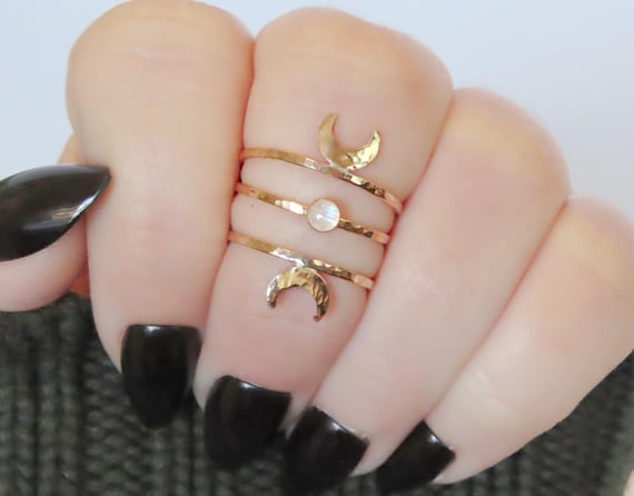 Moon phases knuckle rings in gold filled, hammered stackable midi rings, 2 rings with crescent moons and 1 moonstone ring, choose sizes 1-6