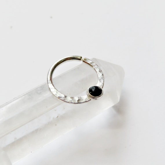onyx septum ring in sterling silver, 16 gauge, 18 gauge, 20 gauge, 8, 9, and 10mm in diameter, gemstone gothic septum ring, black and white