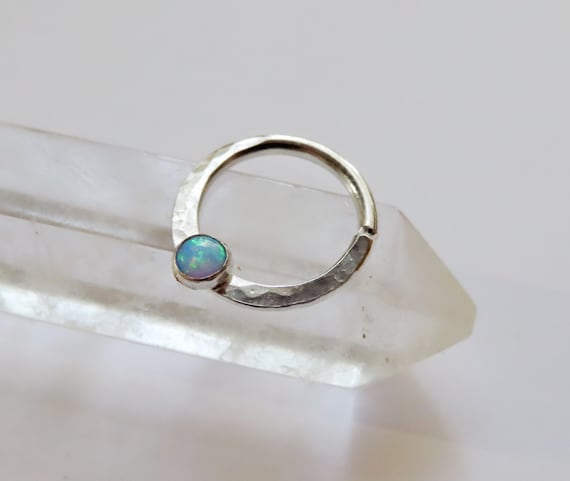 opal septum ring, sterling silver septum ring, hammered septum ring, opal nose ring,  blue opal septum ring, small septum ring