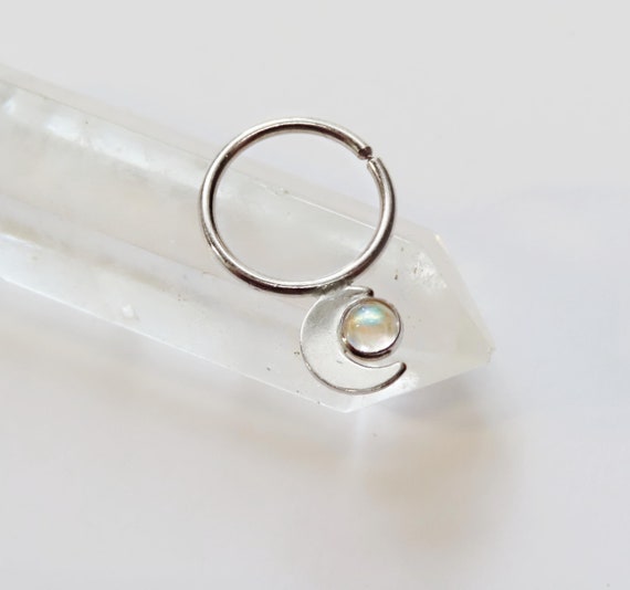 silver moon septum ring with moonstone, sterling silver gemstone septum hoop, moon phases piercing, seamless piercing in 16 gauge, 18 gauge