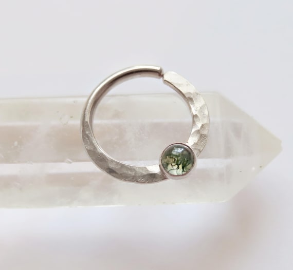 Sterling silver septum ring with Moss Agate, hammered silver septum ring, septum hoop piercing available in 20, 18, and 16 gauge