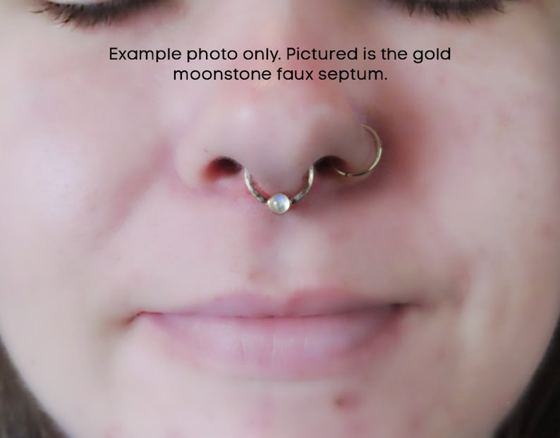 faux septum ring in gold filled with labradorite stone, adjustable fake nose hoop, no piercing needed clip on septum ring, snug or loose image 4