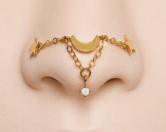 Moon nose chain in gold filled with tiny opal charm: chain connector for double nose piercings custom sizes offered