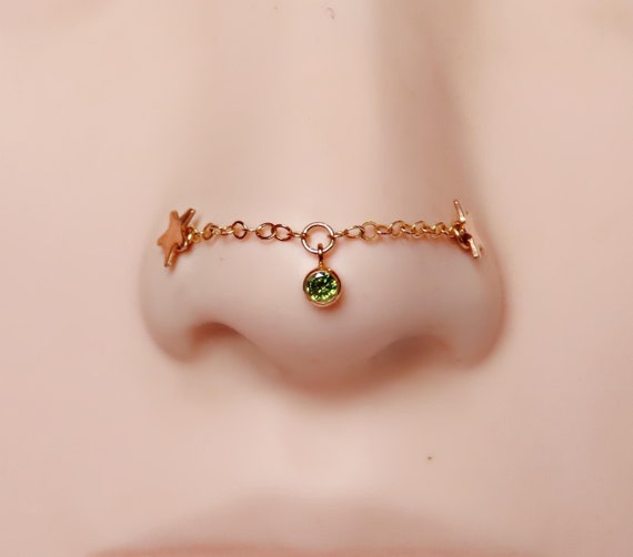 peridot nose chain in gold filled, 14k gold filled nose chain for double piercing, custom measurement nose chain, nose ring connector