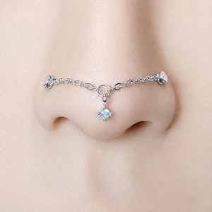 chaîne de nez en argent avec opale, chaîne de nez en argent sterling pour double piercing, chaîne de nez de mesure personnalisée, connecteur d'anneau de nez
