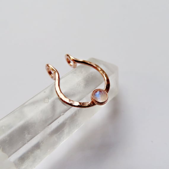fake septum ring in rose gold filled with moonstone, hammered fake nose ring, clip on nose ring, fake nose piercing, no piercing needed