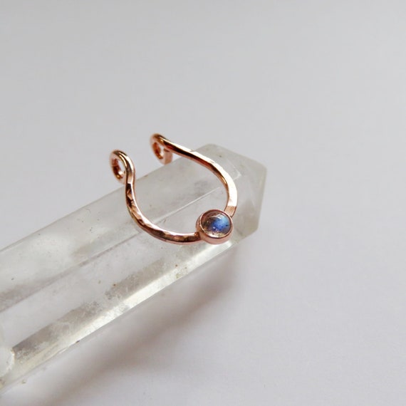 faux septum ring in rose gold filled with labradorite stone, fake nose hoop, no piercing required hammered septum jewelry snug or loose