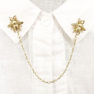 bee pearl collar pins, bee collar pins, sweater pins, collar chain, collar brooch, lapel pin, bee pin, pearl brooch, bee brooch