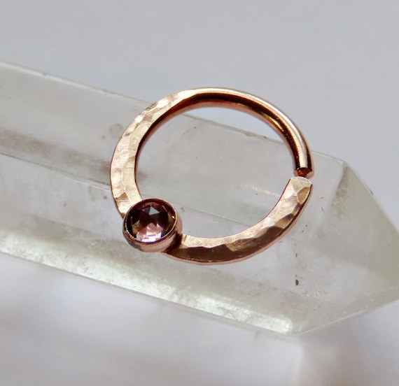 Rose quartz septum ring in rose gold filled, hammered septum jewelry available in 20 gauge, 18 gauge, and 16 gauge