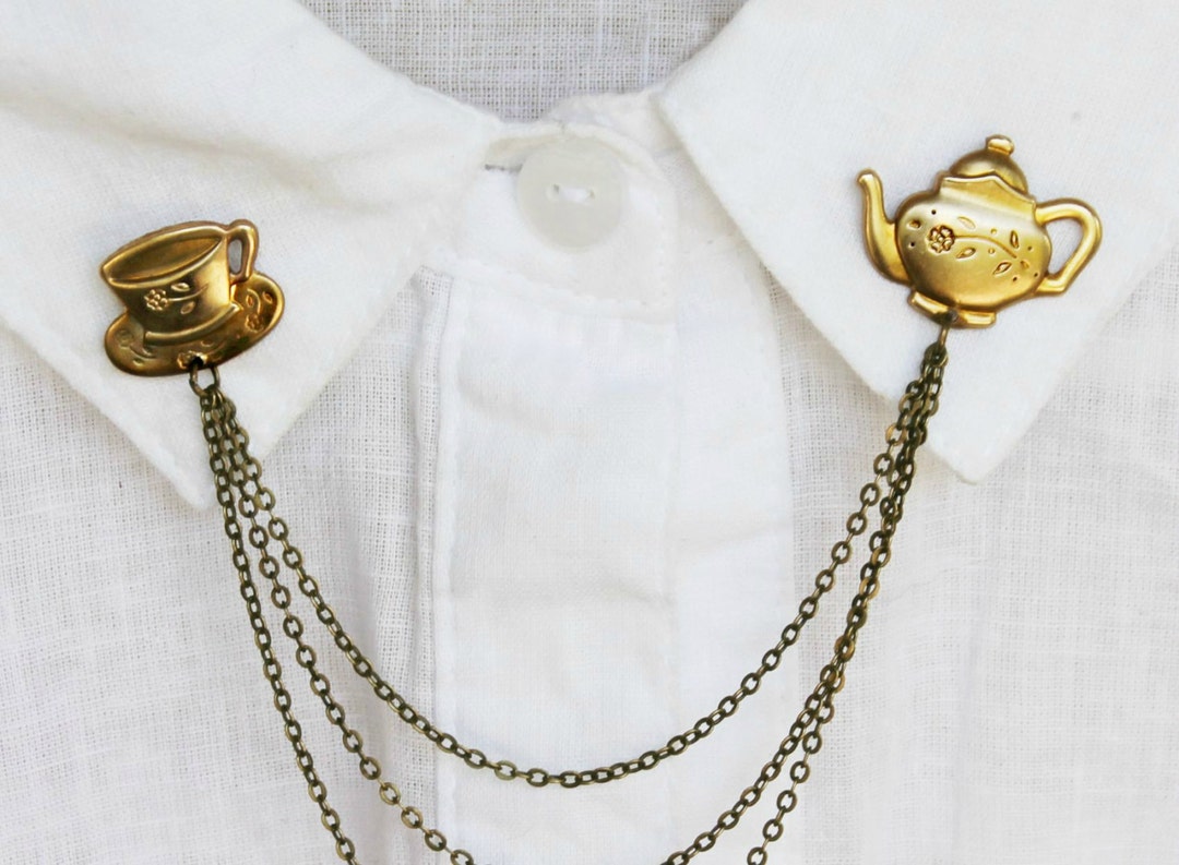 Brass Teapot Collar Pins, Collar Chain, Collar Brooch, Lapel Pin, Teapot Pin, Tea Cup Brooch
