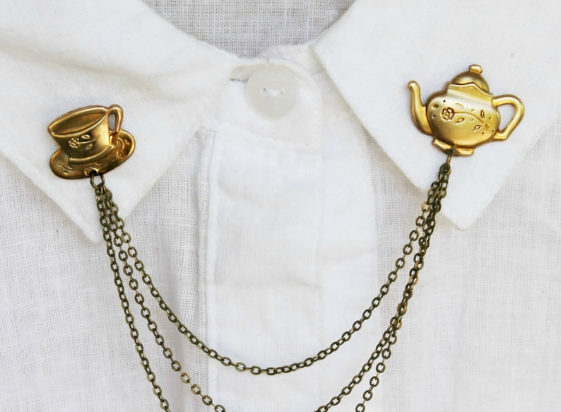 Brass Teapot and Teacup Collar Chain Pins image 1