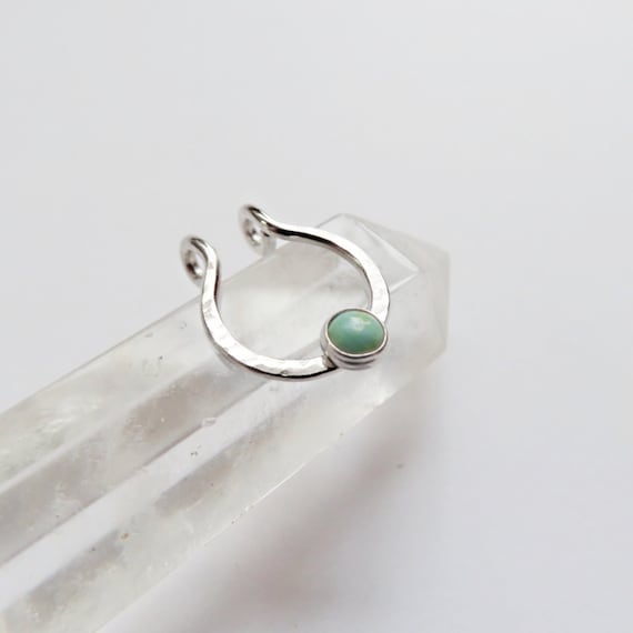 faux septum ring in sterling silver with turquoise gemstone, fake nose hoop, no piercing needed clip on septum jewelry in snug or loose