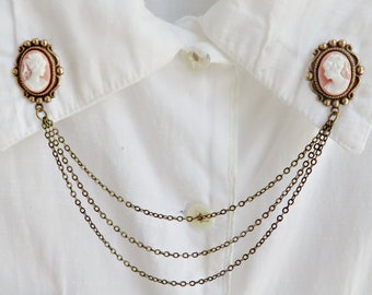 pink cameo collar pins, collar chain, collar brooch, lapel pin, cameo pin, cameo brooch