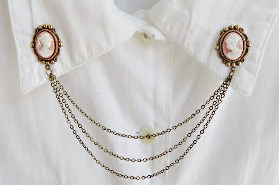 pink cameo collar pins, collar chain, collar brooch, lapel pin, cameo pin, cameo brooch