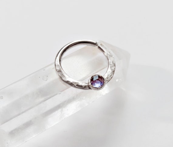 Iolite septum ring in sterling silver, hammered septum jewelry, nose ring hoop, septum piercing, silver nose jewelry