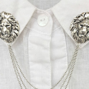 lion collar pins silver, collar chain, collar brooch, lapel pin, lion brooch, lion bin, lion&#39;s head brooch, sweater clips, sweater pins