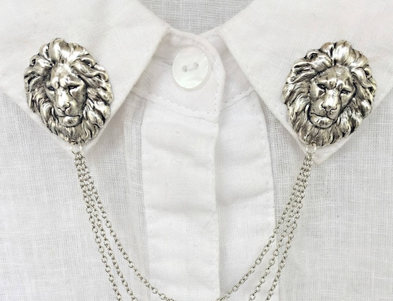 lion collar pins silver, collar chain, collar brooch, lapel pin, lion brooch, lion bin, lion's head brooch, sweater clips, sweater pins